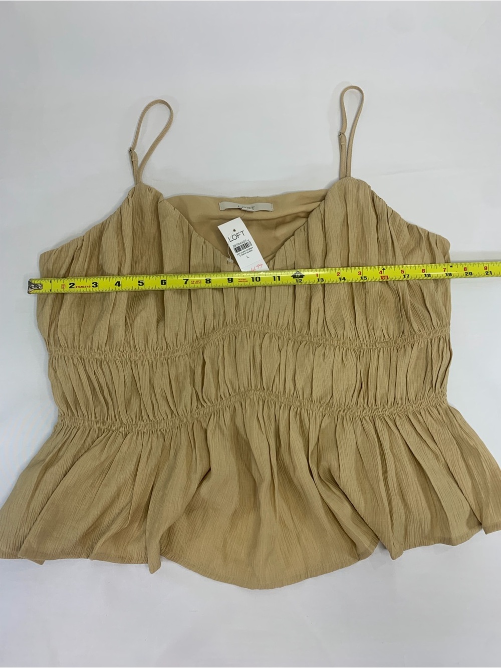 LOFT Tan Crinkle Smocked Spaghetti-Strap Peplum Cami